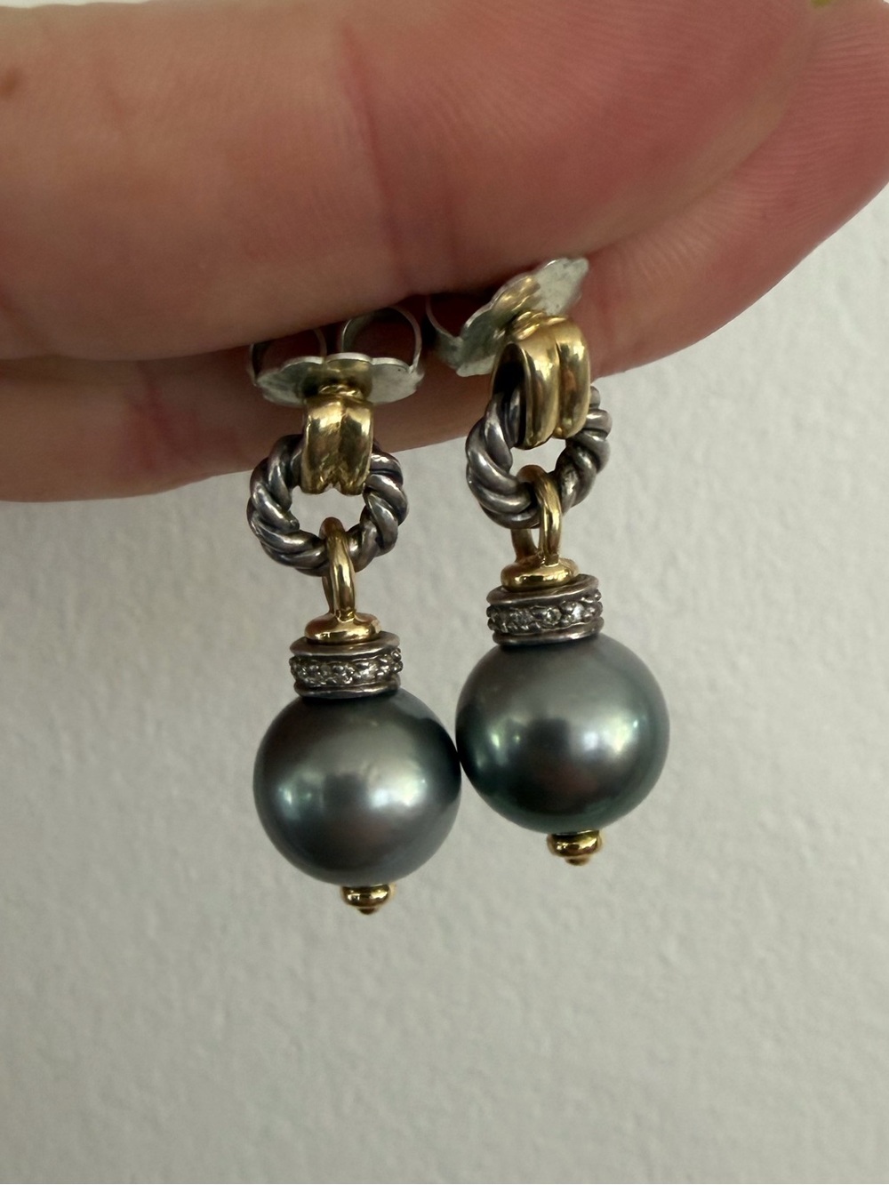 David Yurman Tahitian Pearl Silver and Gold Earrings with Diamonds